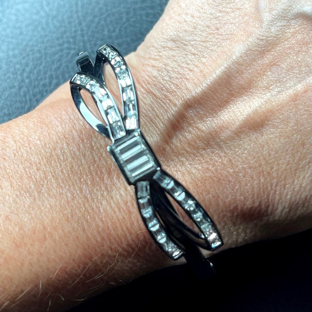 Coach Bow Bangle Bracelet Womens OS Gunmetal Coquette Crystal Hinge Cuff